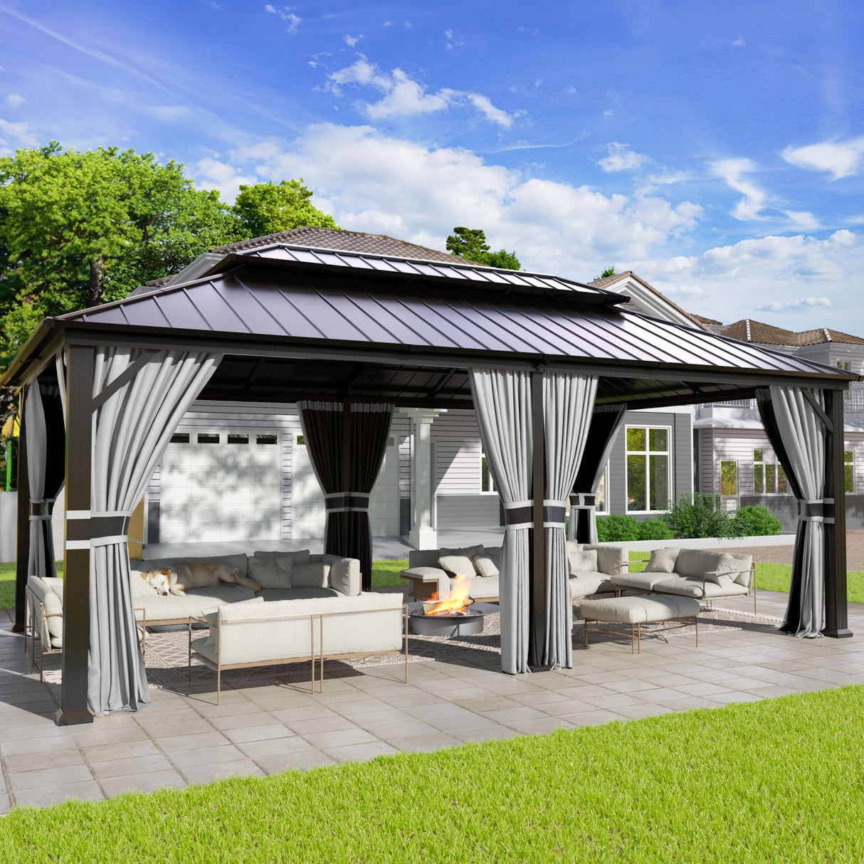 UDPATIO 12' x 20' Hardtop Gazebo, Galvanized Steel Double Roof Permanent Aluminum Gazebo, Outdoor Metal Pergolas with Mosquito Netting and Curtains for Garden, Parties, Patio, Deck, Lawns, Grey UDPATIO
