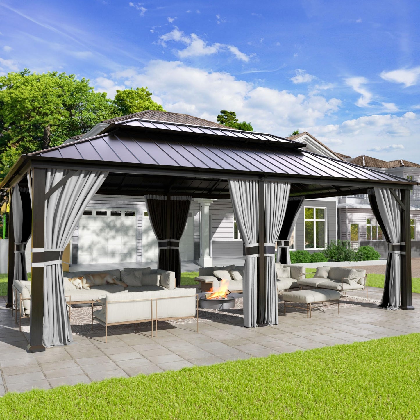 UDPATIO 12' x 20' Hardtop Gazebo, Galvanized Steel Double Roof Permanent Aluminum Gazebo, Outdoor Metal Pergolas with Mosquito Netting and Curtains for Garden, Parties, Patio, Deck, Lawns, Gr - WoodArtSupply