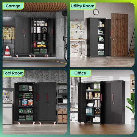 Kelueo 71" H Metal Garage Storage Cabinet with Wheels, 4 Adjustable Shelves & Locking Doors – Steel Tool Cabinet for Home,Basement,Utility Room – Garage Cabinets and Storage System, Black Kelueo