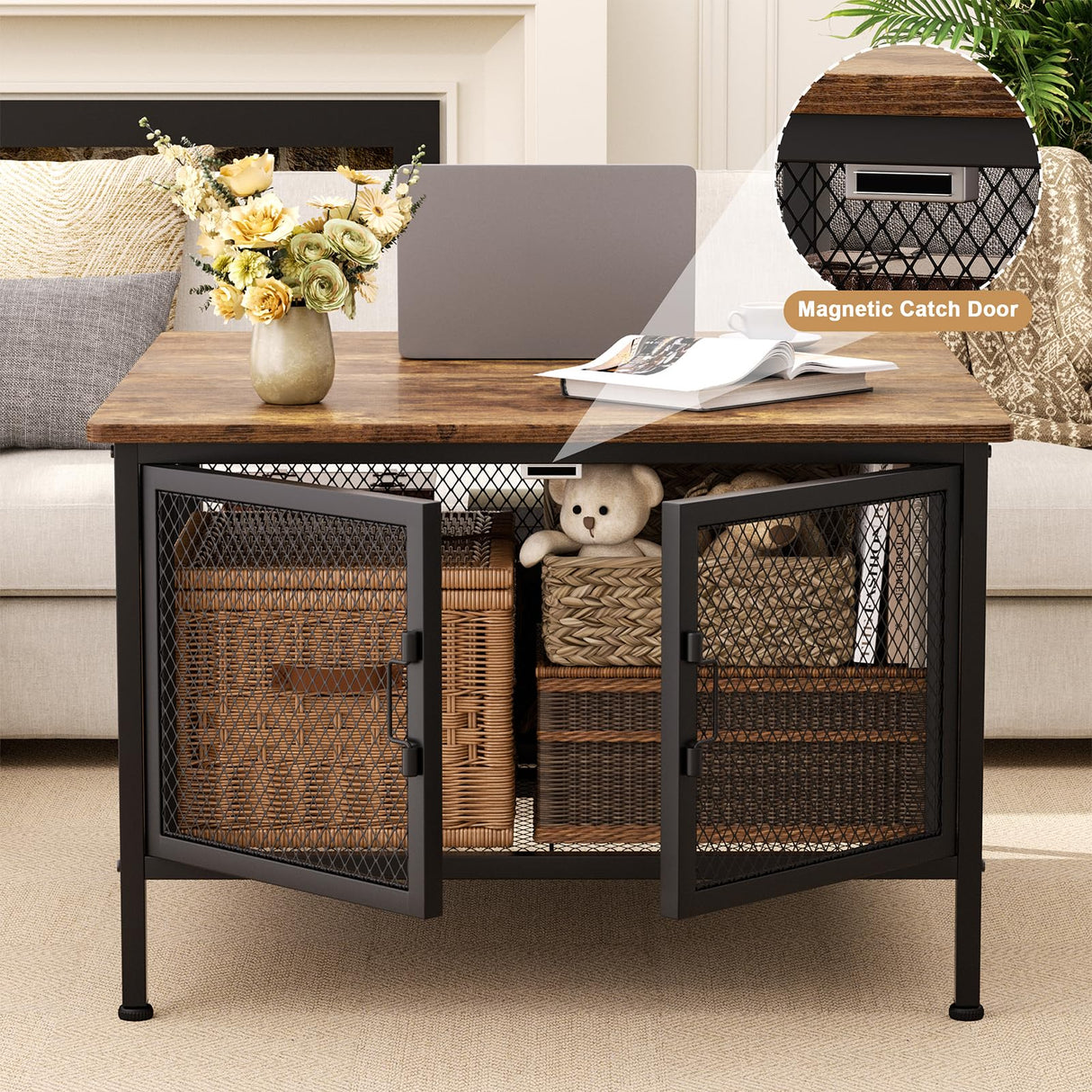 FABATO Lift Top Coffee Table, Square Coffee Table Metal Wood, Farmhouse Lift Up Coffee Table Cocktail Table with Wire Mesh Barn Door and Storage, Steel Frame, Small Tea Table for Living Room, Black FABATO