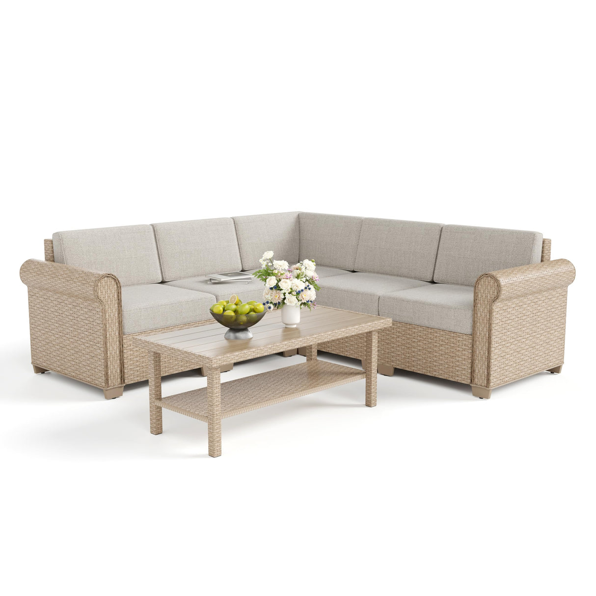 Patio Furniture Set 6 Piece, Wicker Rattan Sectional Sofa Couch with 5.5" Thick Waterproof Cushion and Coffee Table, L Shape All Weather Outdoor Conversation Set for Lawn Backyard Deck, Beige SUNSHINE VALLEY