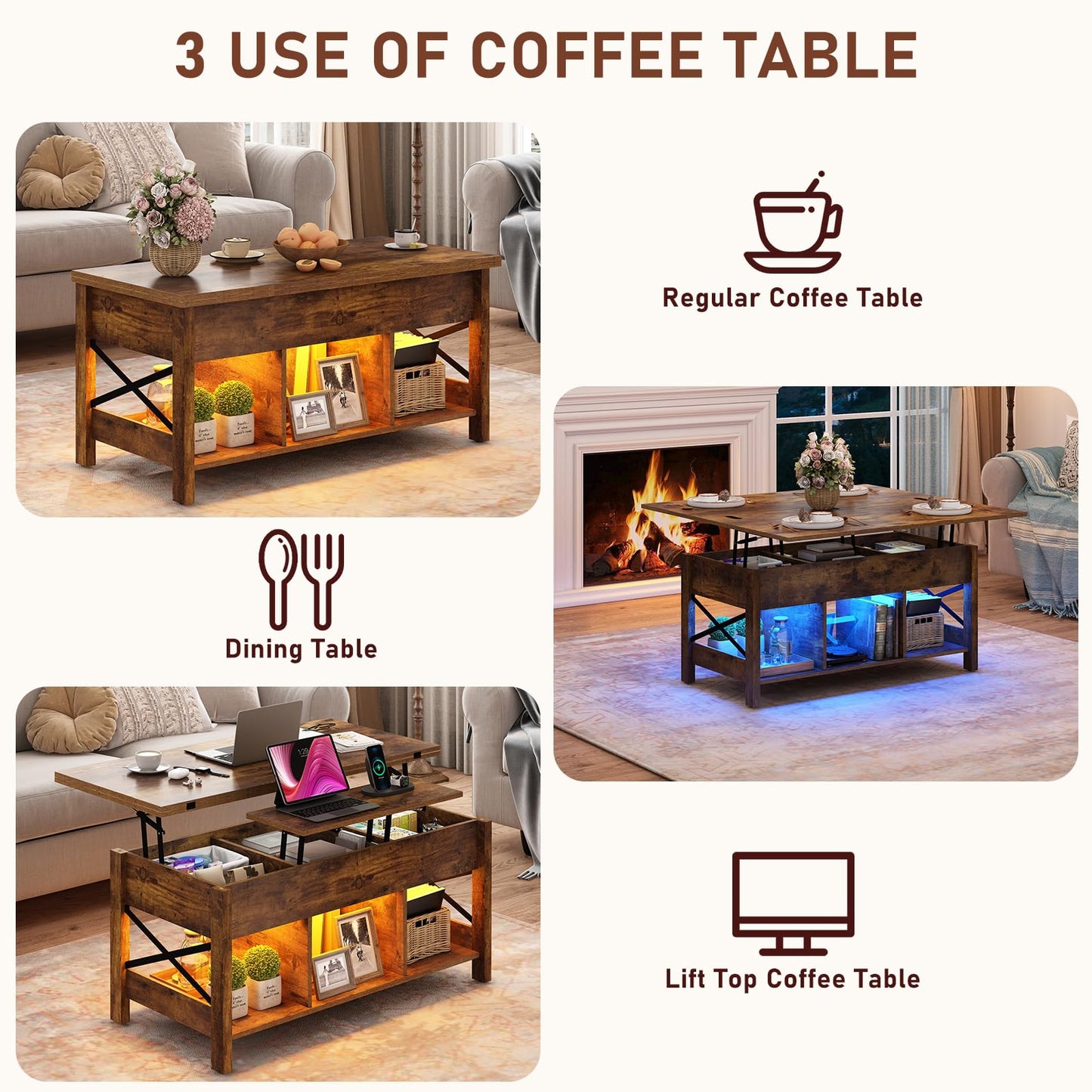 Hlivelood Lift Top Coffee Table, 4 in 1 Living Room Multi-Function LED Table with Charging Station&LED Lights, Farmhouse Convertible Lift Center Table w/Storage and Hidden Compartment, Rustic - WoodArtSupply