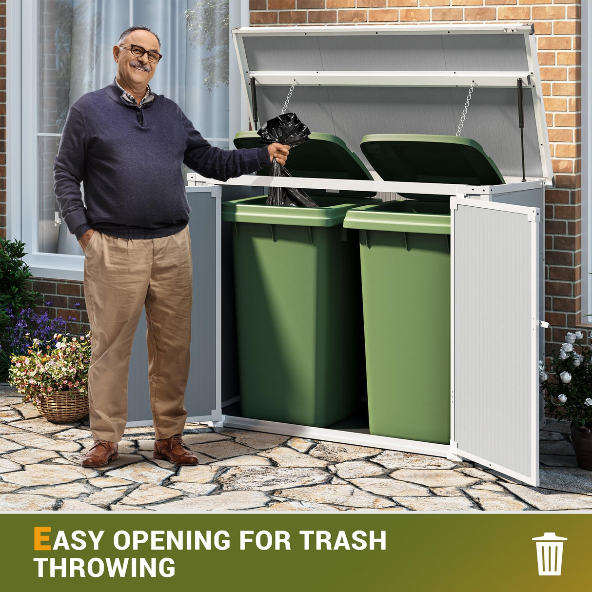 41 Cu.Ft Horizontal Outdoor Plastic Storage Shed/Box Trash Can Sheds Weatherproof Resin Shed with Floor Thickened & Gas Spring & Lockable Doors for Tools, Lawn Mower Storage（4.5 * 2.5 FT） UDPATIO