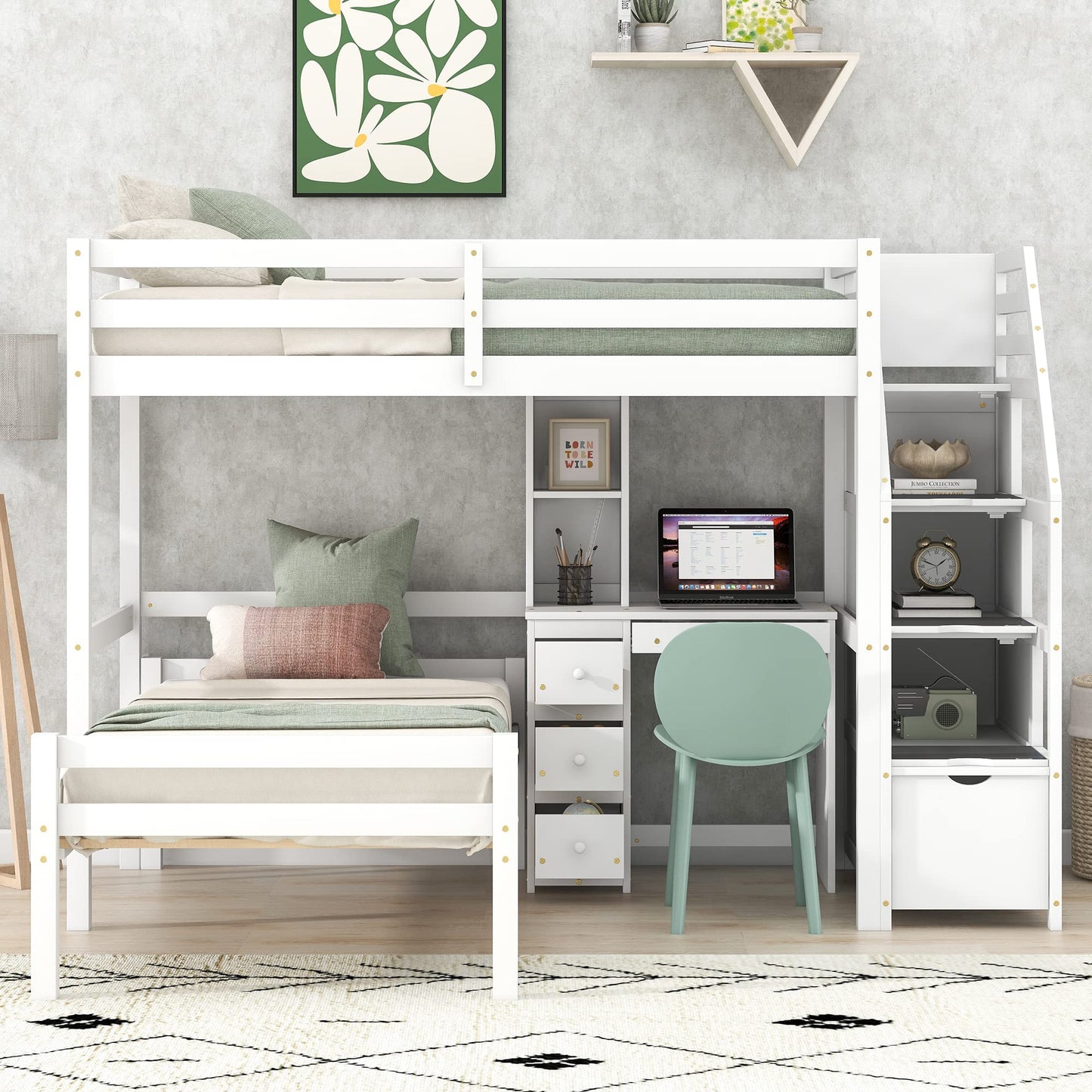 Harper & Bright Designs White Twin over Twin Bunk Bed with Stairs, Desk, and Storage for Kids and Teens