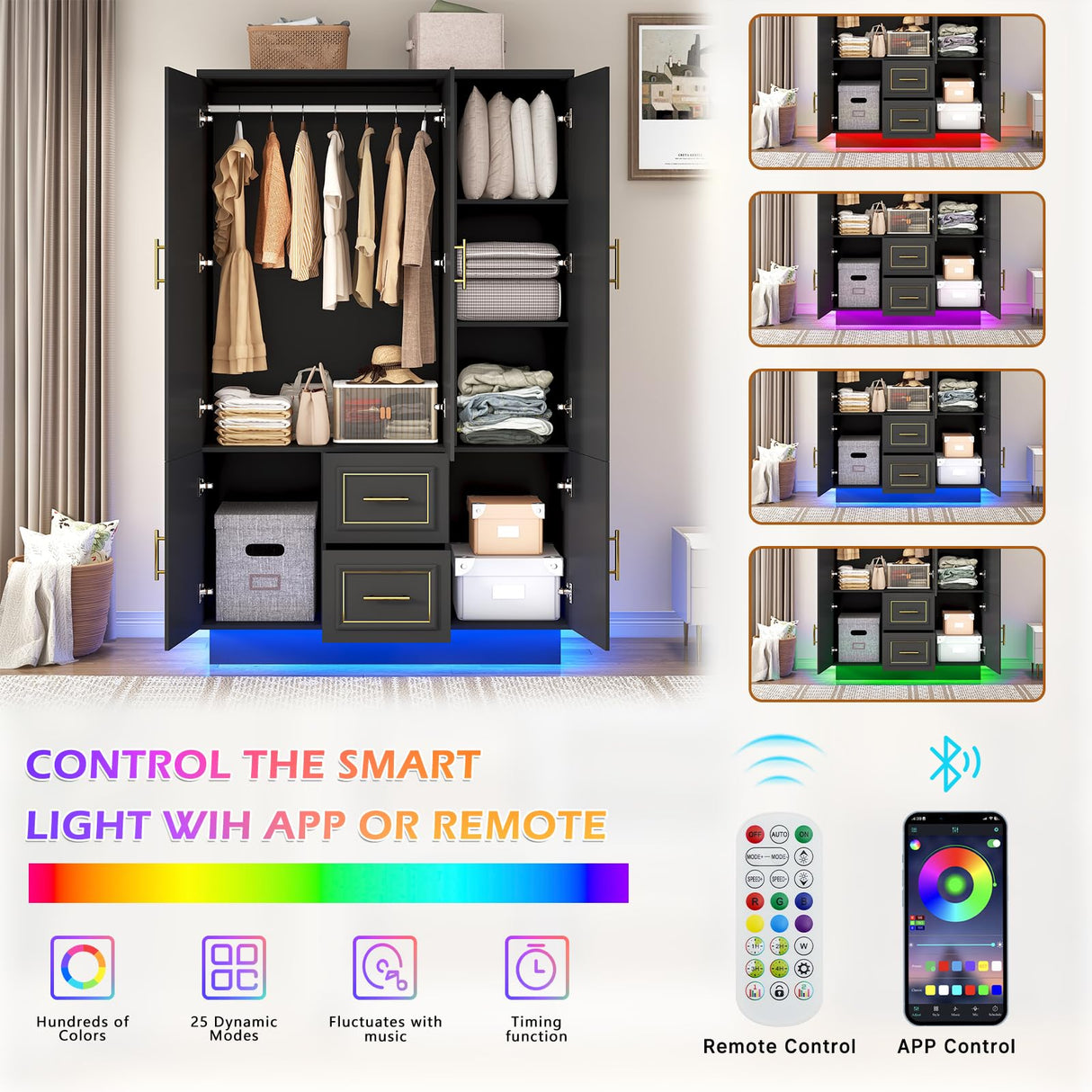 Hlivelood 75” Tall 3 Doors Armoire Wardrobe Closet with 2 Drawers and LED Lights, Modern Closet Wardrobe Cabinet with Shelves and Hanging Rod, Freestanding Wooden Armoire for Bedroom, Black Hlivelood