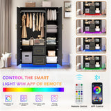 Hlivelood 75” Tall 3 Doors Armoire Wardrobe Closet with 2 Drawers and LED Lights, Modern Closet Wardrobe Cabinet with Shelves and Hanging Rod, Freestanding Wooden Armoire for Bedroom, Black Hlivelood