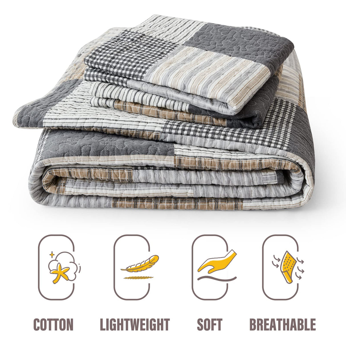 Y-PLWOMEN Plaid Quilt King Size - 100% Cotton Farmhouse King Quilt with 2 Pillow Shams, Breathable Lightweight Comforter Quilted Bedspreads Bedding Set, Grey Brown, King(98 * 106 Inch) Y-PLWOMEN