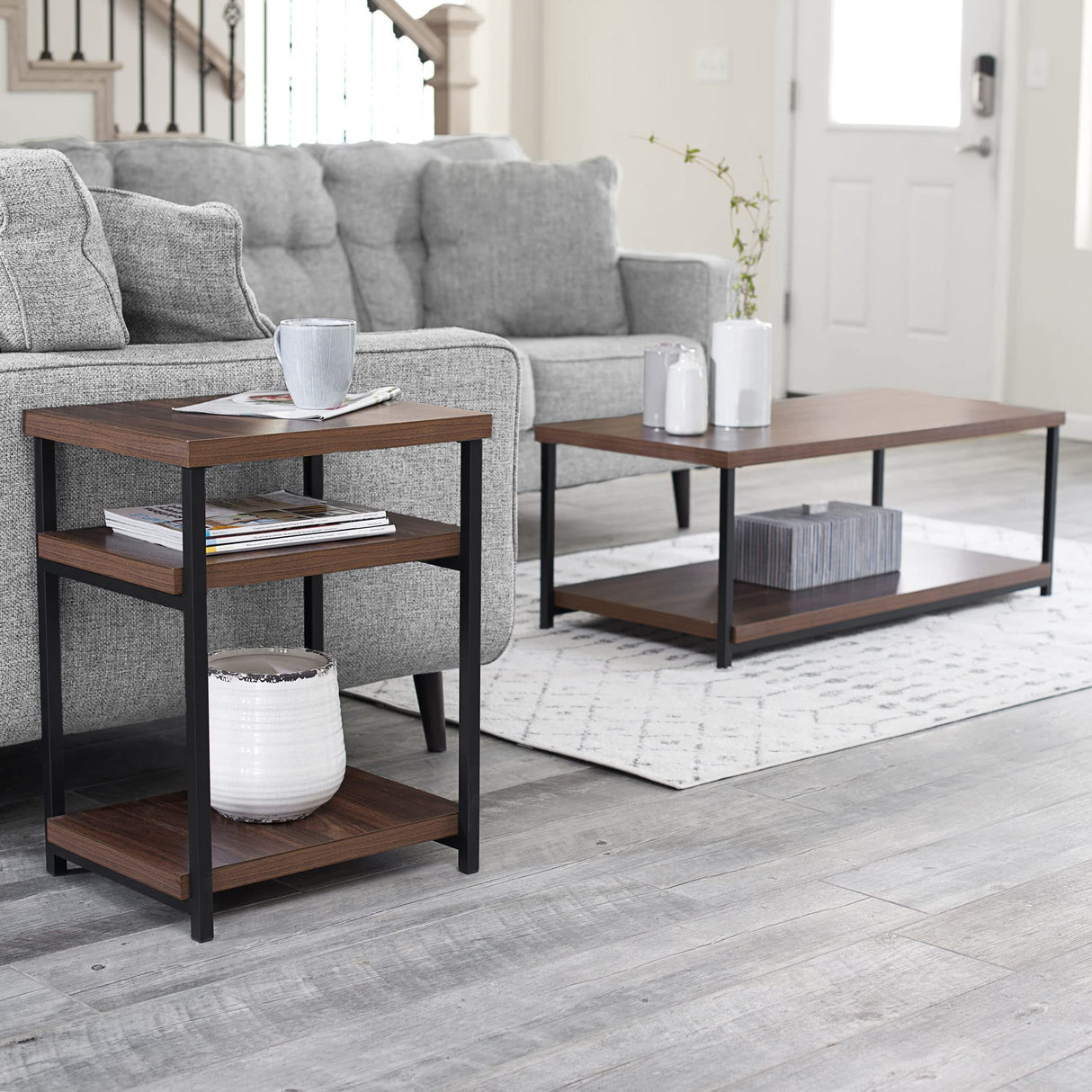 Household Essentials Jamestown Rectangular Coffee Table with Storage Shelf Mid Century Walnut Wood Grain and Black Metal Household Essentials