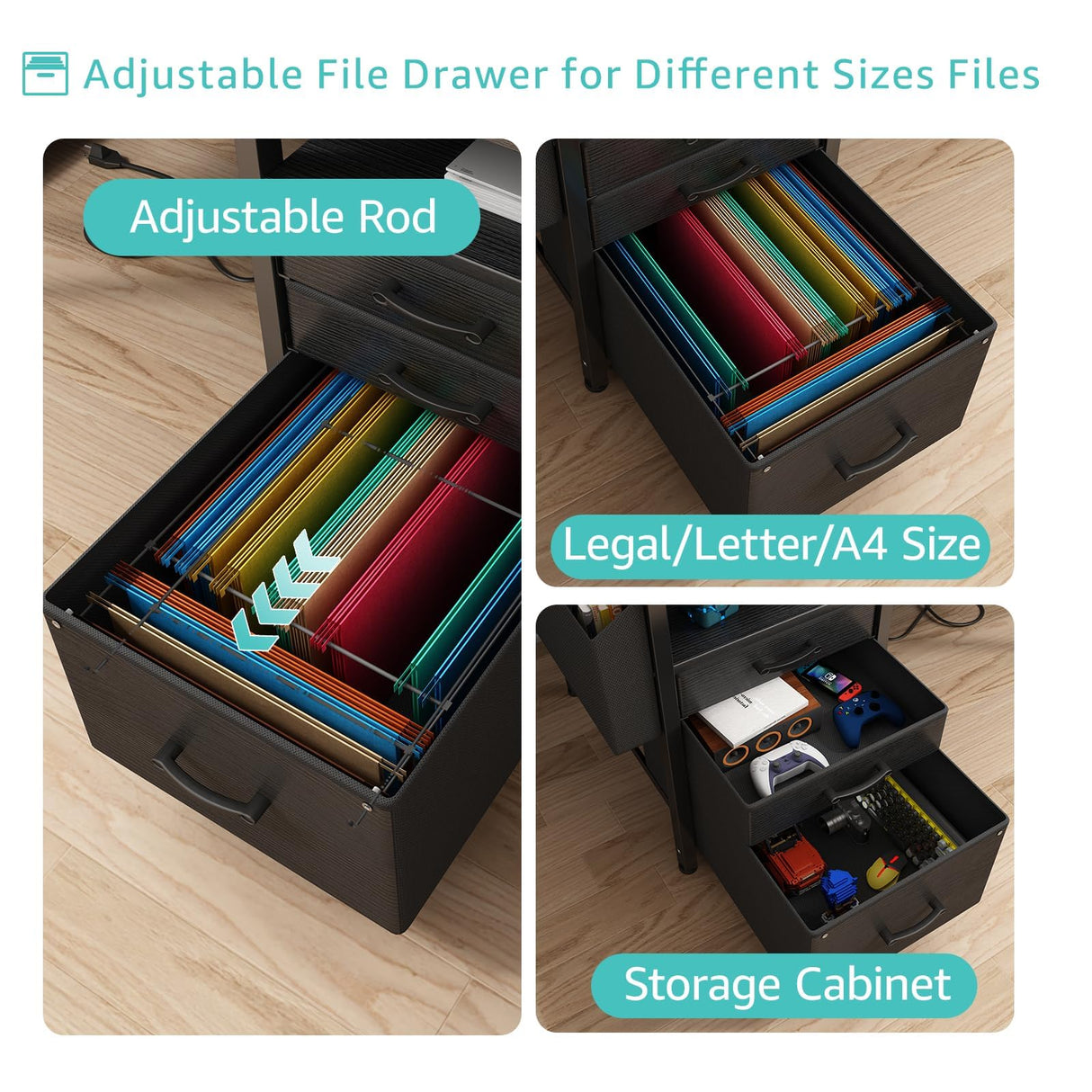 Lufeiya Gaming Desks with Led Lights and Power Outlets, 55 Inch Computer Desk with File Drawers Cabinet, Home Office Desk with Shelves Monitor Stand, Black Lufeiya