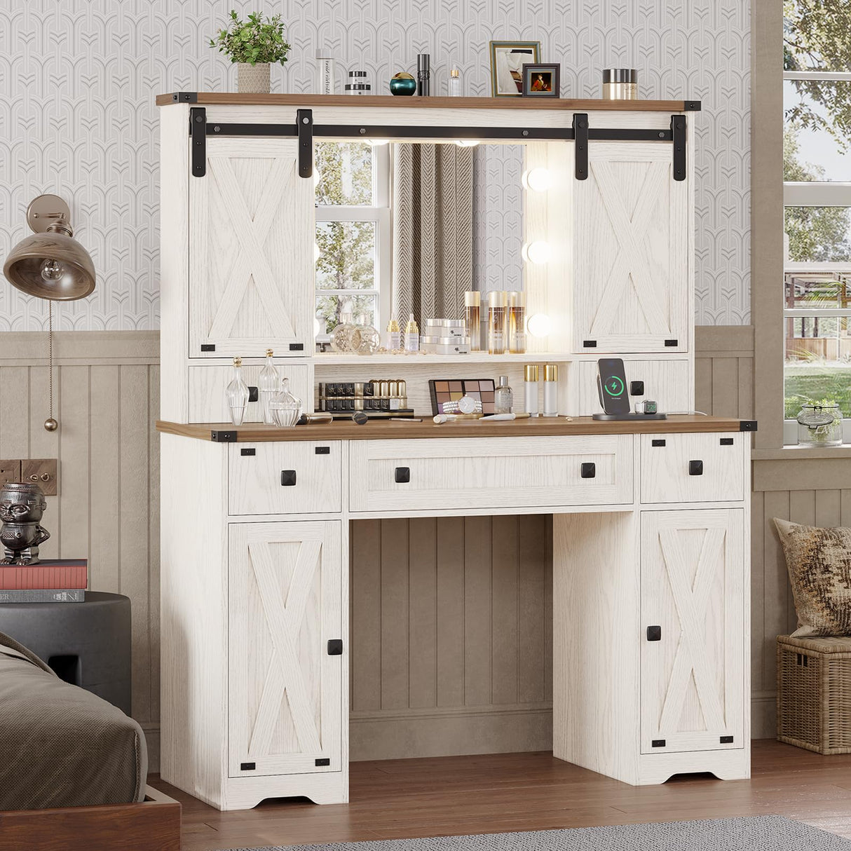 DICTAC Farmhouse Makeup Vanity Desk with Lighted Mirror & Power Strips, Vanity Table with Sliding Barn Door Hidden Shelves & 5 Drawers & 2 Cabinets, White Dressing Table for Bedroom, Lights Adjustable DICTAC