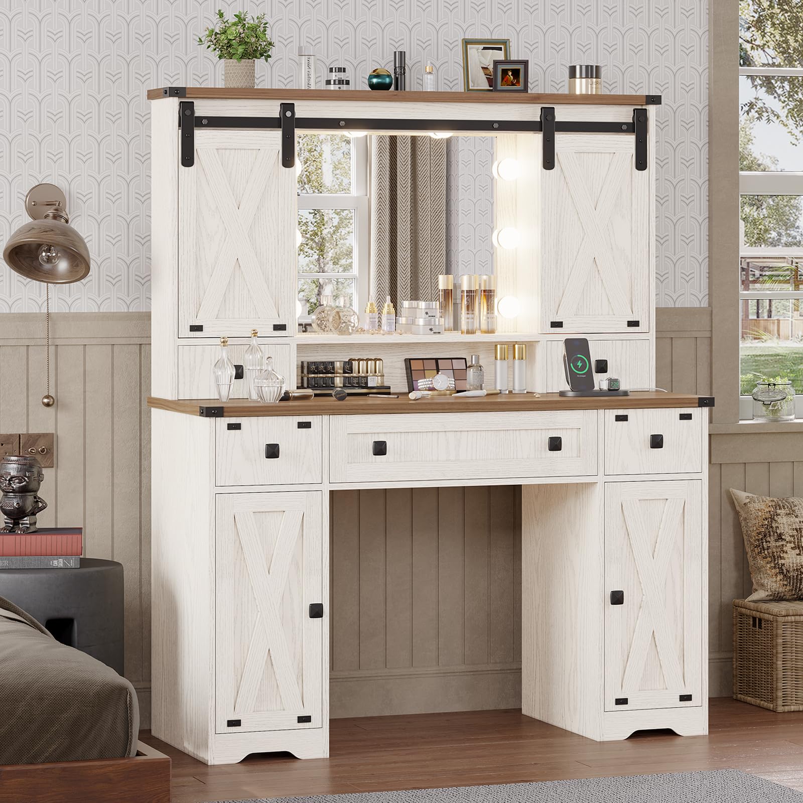 DICTAC Farmhouse Makeup Vanity Desk with Lighted Mirror & Power Strips, Vanity Table with Sliding Barn Door Hidden Shelves & 5 Drawers & 2 Cabinets, White Dressing Table for Bedroom, Lights A - WoodArtSupply