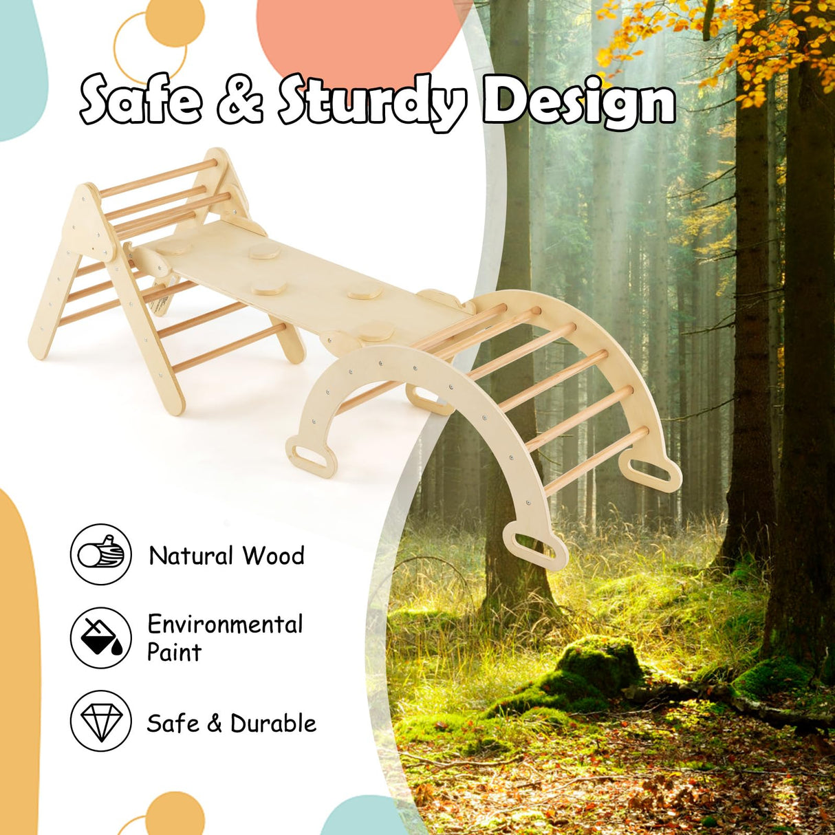 OLAKIDS Climbing Toys for Toddlers, 5 in 1 Kids Wooden Montessori Triangle Set Climber Toy with Ramp Ladder Arch Slide for Playground, Indoor Climb Activity Jungle Gym Play Structure for Boys Girls Olakids