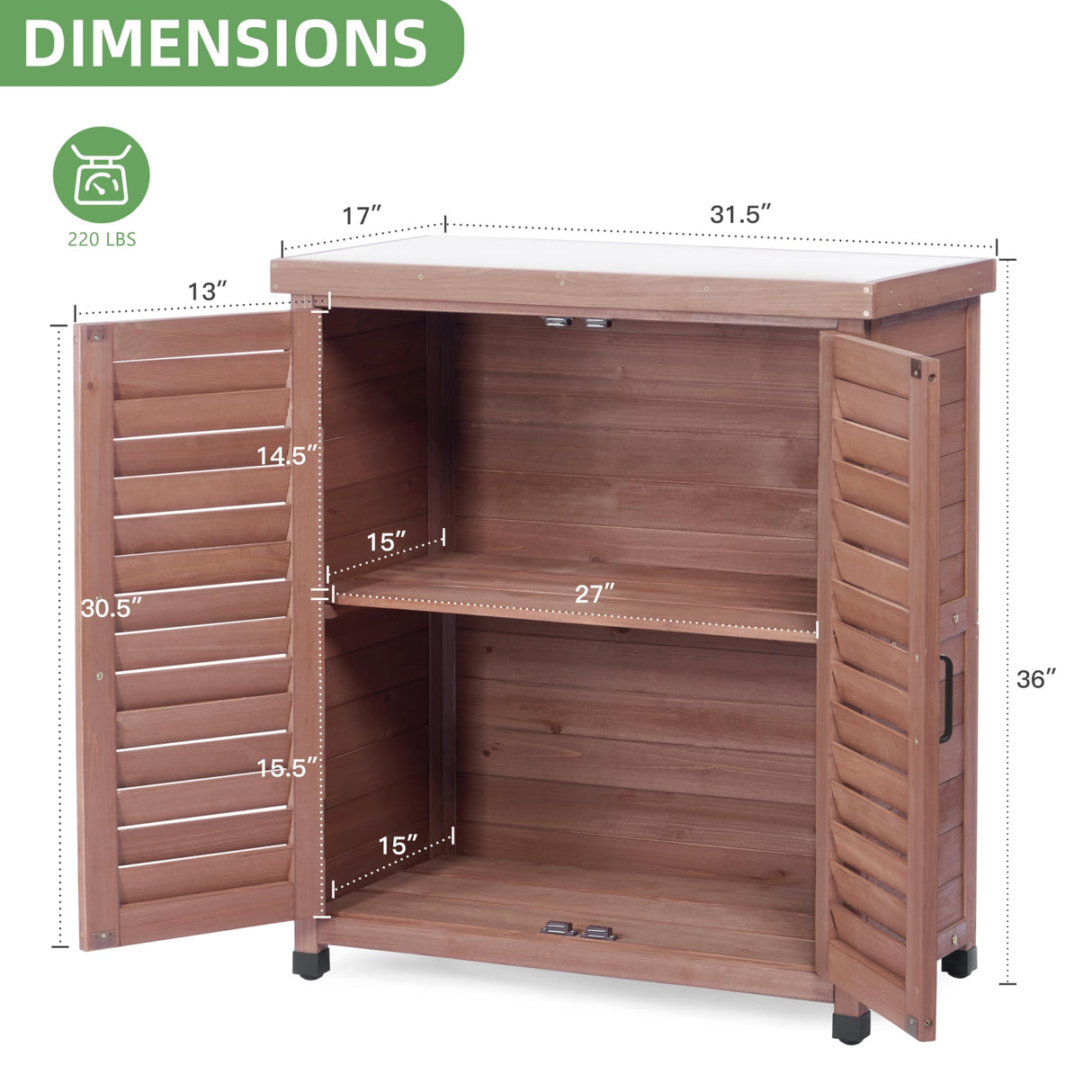 Potting Bench with Storage Cabinet and Metal Table Top for Outdoor Patio, Garden Furniture Wood Workstation (Dark Brown, 31x17x36) Mederla