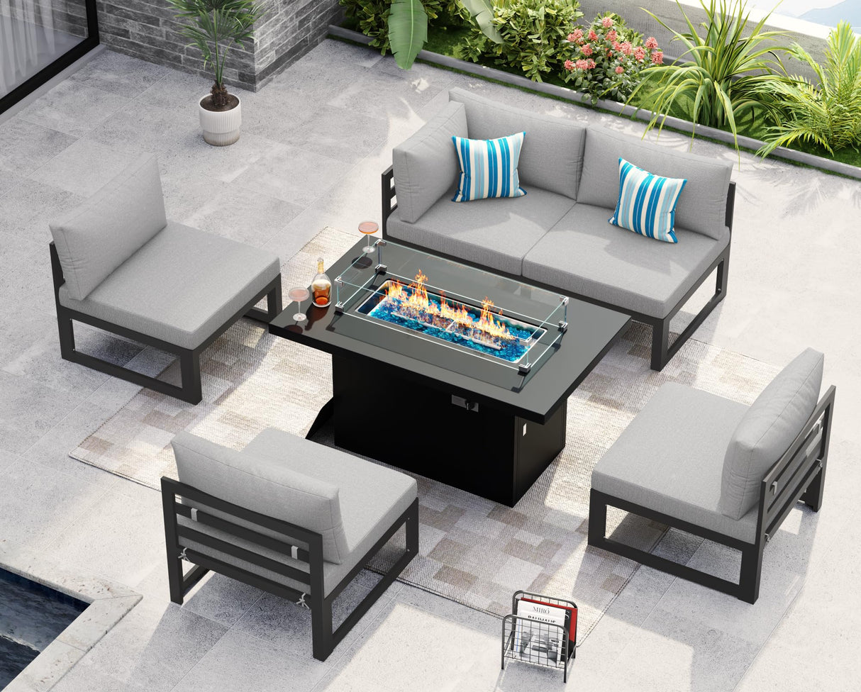 NICESOUL® 6 Piece Extra Large Grey Aluminum Frame Outdoor Patio Furniture Set with Fire Pit Table, 29'' Deep Wide Seating Sofa Conversation, L Shape Modular Sectional Couches for Backyard, Light Grey NICESOUL