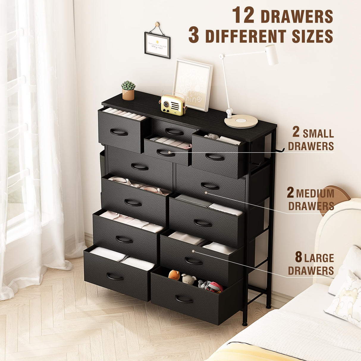 Lulive Dresser for Bedroom with 12 Drawers, Tall Dresser Chest of Drawers with Side Pockets and Hooks, Fabric Dresser Storage Tower for Closet, Hallway, Living Room (Black) Lulive