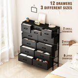 Lulive Dresser for Bedroom with 12 Drawers, Tall Dresser Chest of Drawers with Side Pockets and Hooks, Fabric Dresser Storage Tower for Closet, Hallway, Living Room (Black) Lulive