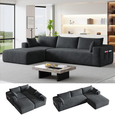 Domiqut 108”Modern Modular L-Shape Couch with Chaise, Modular Sectional Couches for Living Room, Deep Seat Boneless Sofa Bed, No Assembly Required Sleeper Sofa, Plush Corduroy Fabric, Dark Gray