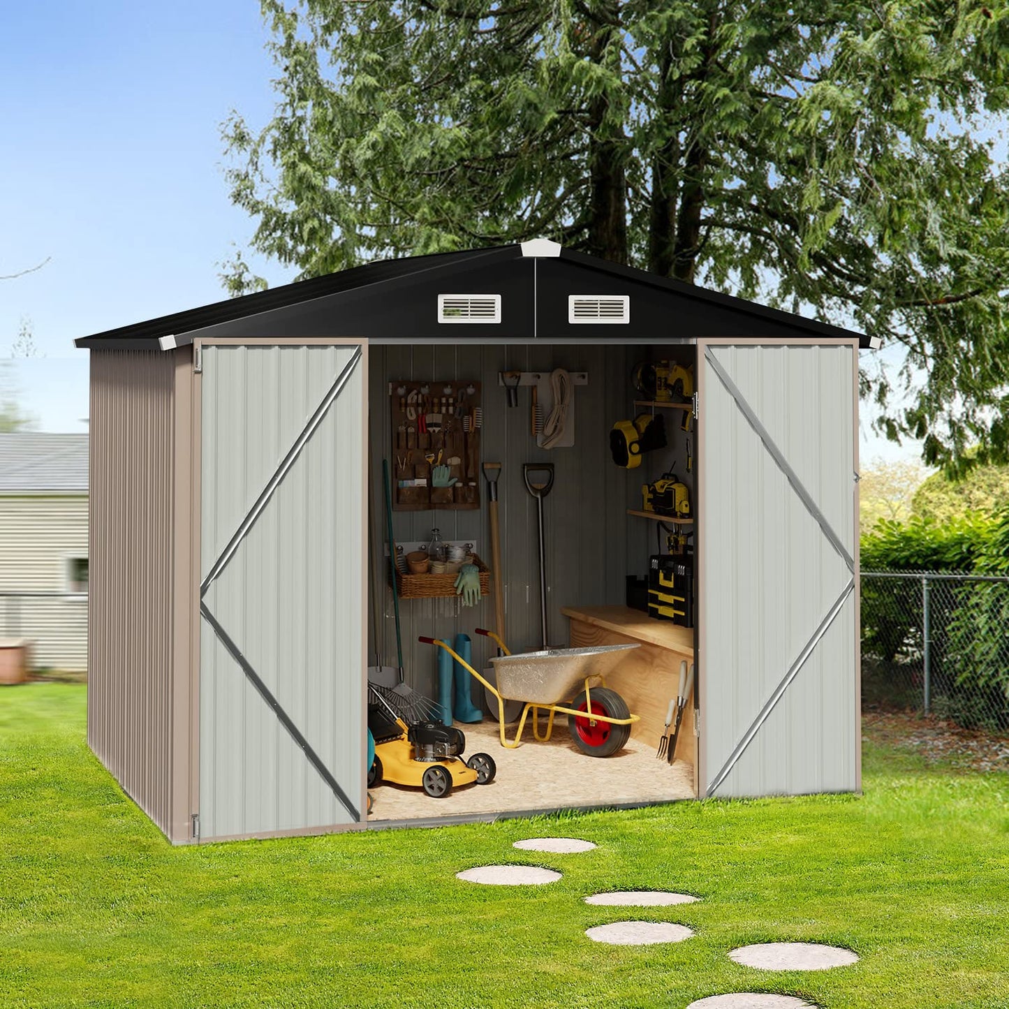 Breezestival Outdoor Storage Shed 5.6x8.5 FT, Utility Steel Tool Shed with Lockable Door and Air Vents, Galvanized Metal Shed for Garden Backyard Patio Lawn (6' x 8')