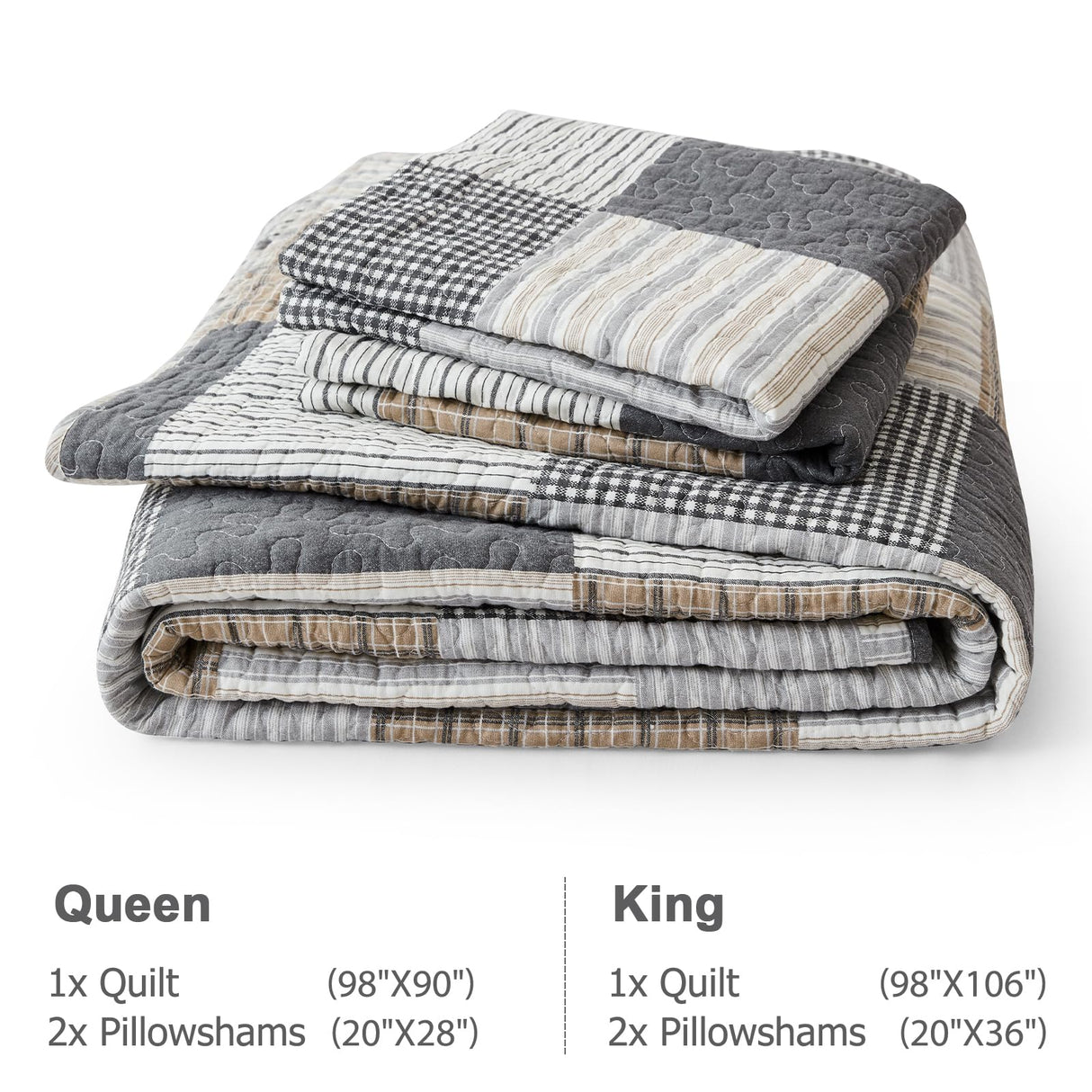 Finlonte Quilt Set Queen Size - 100% Cotton Queen Comforter Set, Plaid Quilted Bedspread Farmhouse Country Bed Spread, Lightweight Reversible Quilt Bedding Set All-Season, Gray/Brown/Black/White, 3Pcs Finlonte