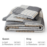 Finlonte Quilt Set Queen Size - 100% Cotton Queen Comforter Set, Plaid Quilted Bedspread Farmhouse Country Bed Spread, Lightweight Reversible Quilt Bedding Set All-Season, Gray/Brown/Black/White, 3Pcs Finlonte