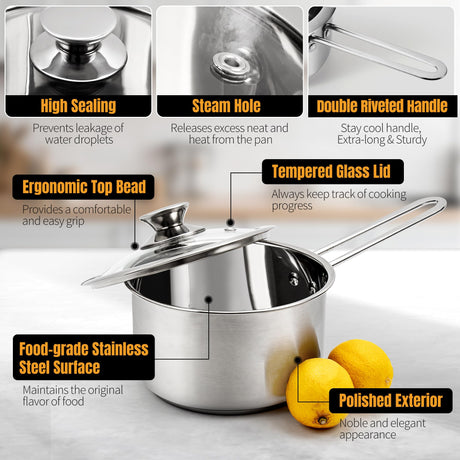 Aufranc Stainless Steel pots and pans set, 6 Piece Nonstick Kitchen Induction Cookware Set,Works with Induction/Electric and Gas Cooktops, Nonstick, Dishwasher Aufranc