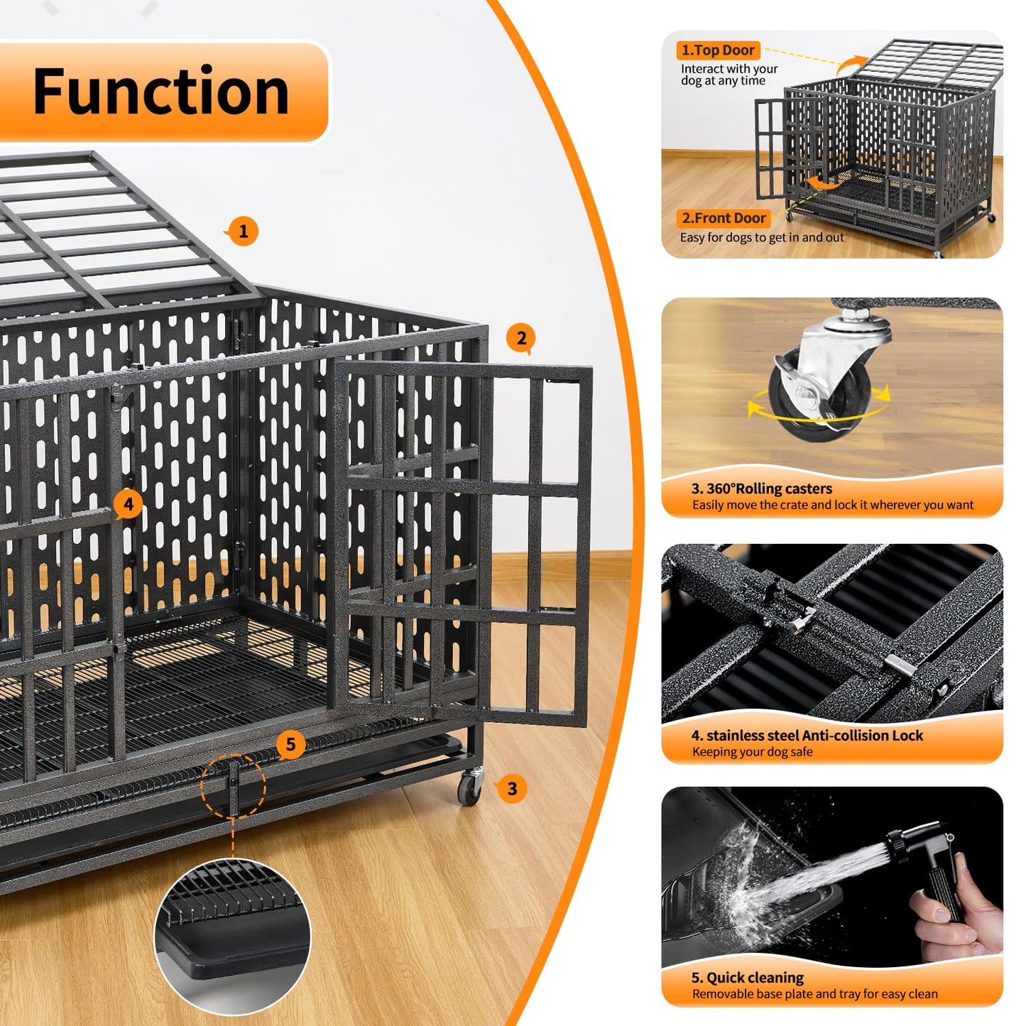 48 Inch Heavy Duty Indestructible XL Dog Crate Steel Escape Proof, Indoor Double Door High Anxiety Cage, Kennel with Wheels, Removable Tray, Extra Large XXL