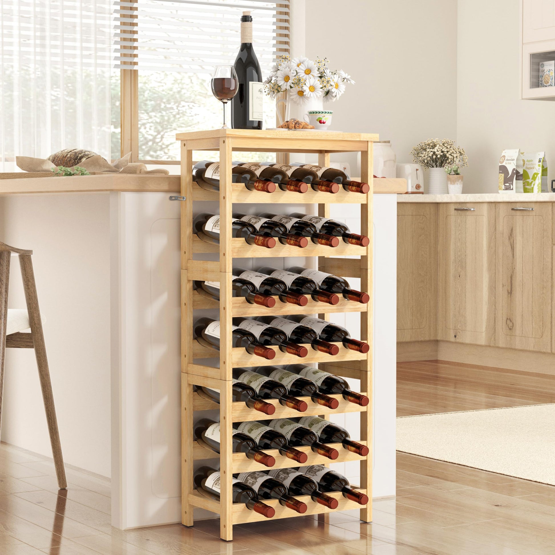 28-Bottle Wine Rack Free Standing Floor, Solid Wood 7-Tier Display Wine Storage Shelves with Tabletop, Wobble-Free Bottle Holder for Cellar Kitchen - WoodArtSupply