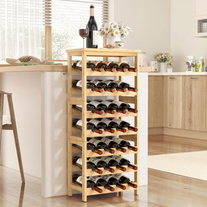 28-Bottle Wine Rack Free Standing Floor, Solid Wood 7-Tier Display Wine Storage Shelves with Tabletop, Wobble-Free Bottle Holder for Cellar Kitchen - WoodArtSupply