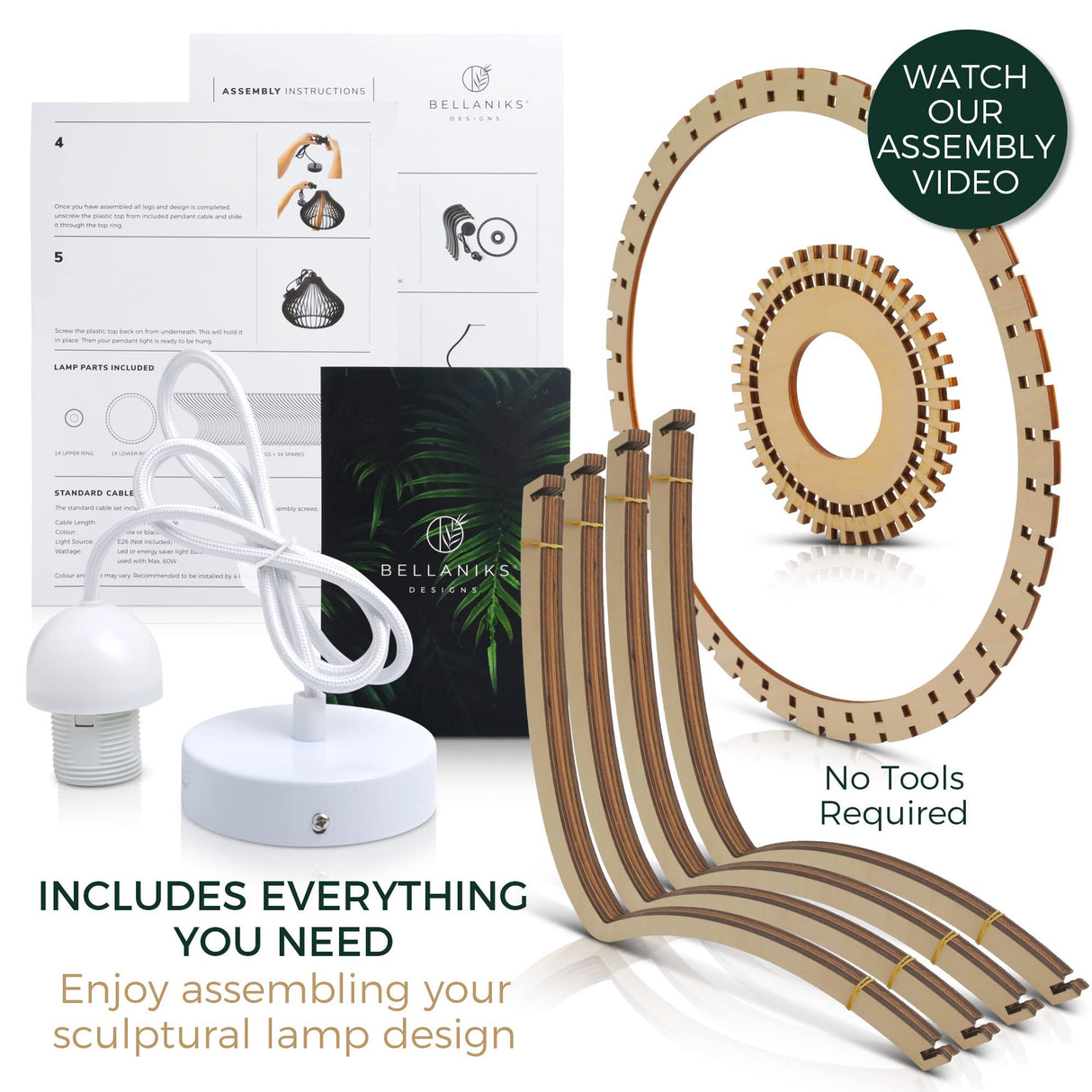 Bellaniks Wood Pendant Light - Easy-to-Assemble Ceiling Chandelier - Modern Boho Hanging Lamp Lighting Fixture for Dining, Kitchen, Bedroom, Living Room - Adjustable Nylon Cord, Uses Standard Bulb Bellaniks