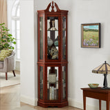 Royard Oaktree Lighted Curio Cabinet with Curved Top Finial, Wooden Corner Display Cabinet with Adjustable Tempered Glass Shelves, Retro Storage Cabinet with Mirrored Back & Tempered Glass Doors Royard Oaktree