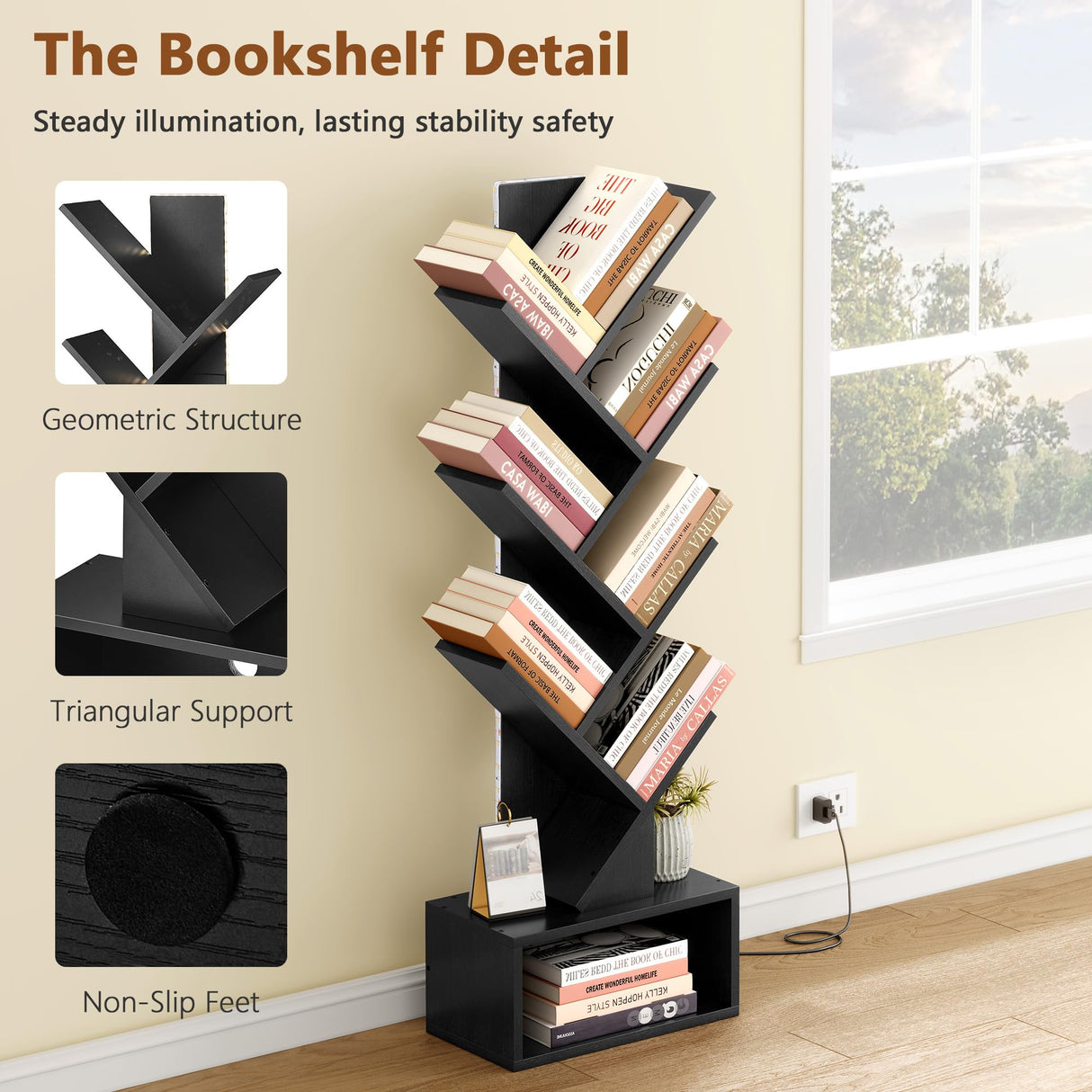 Hoctieon 6 Tier Tree Bookshelf, Tall Bookcase with Drawer, Freestanding Book Shelf with LED Lights, Display Floor Standing Storage Shelf, Book Organizer Shelves for Home Office, Living Room, Black Hoctieon