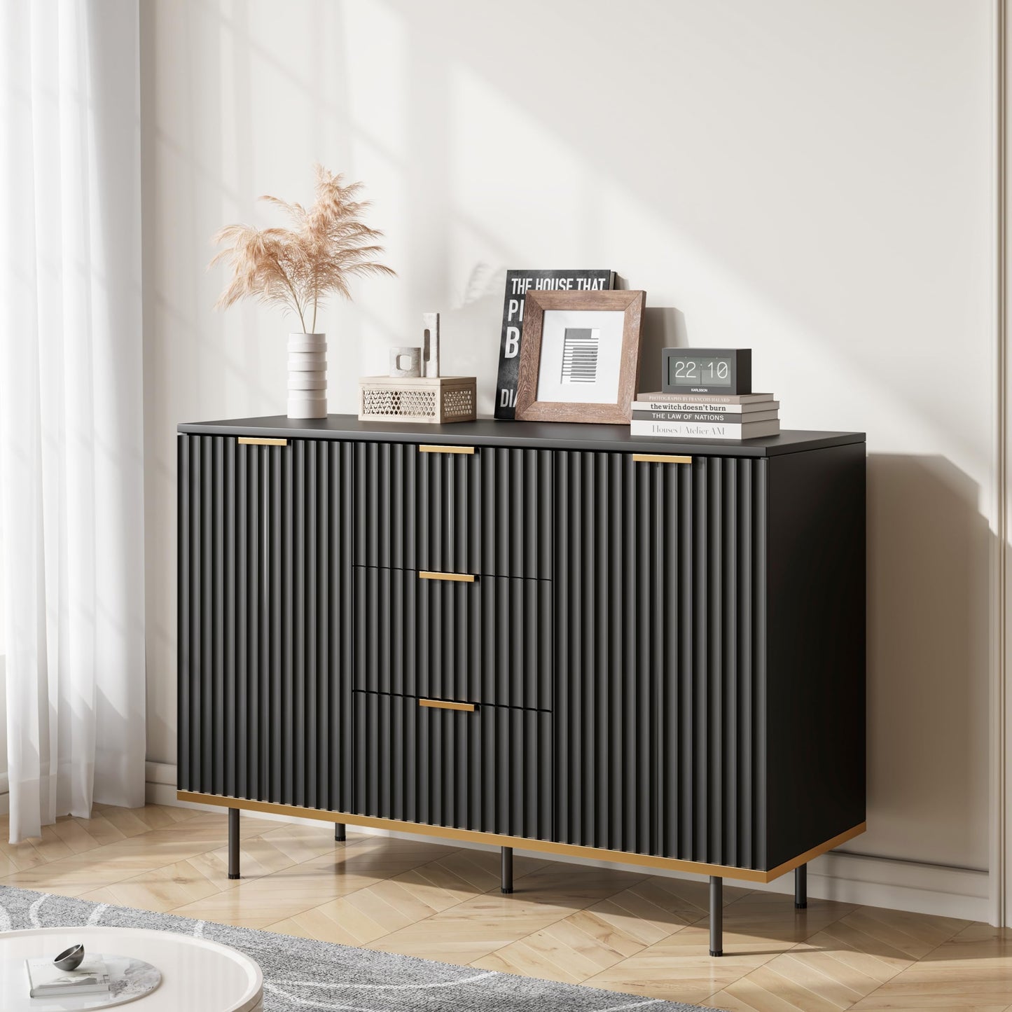 Buffets & Sideboards, Fluted Sideboard Cabinet, 2 Door 3 Drawer Design, Acceent Black Sideboard - Elegant Cabinet Ideal for Dining Room and Kitchen Storage 47.2 inch