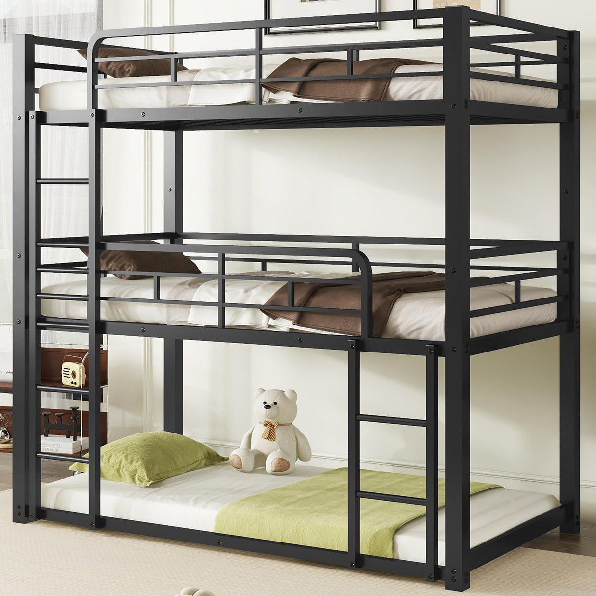 Heavy Duty Triple Bunk Bed Twin Over Twin Over Twin, Metal 3 Bunk Bed with 2 Ladder and Guardrail, Twin Size Triple Bunk Bed for Kids, Teens, Black Bellemave