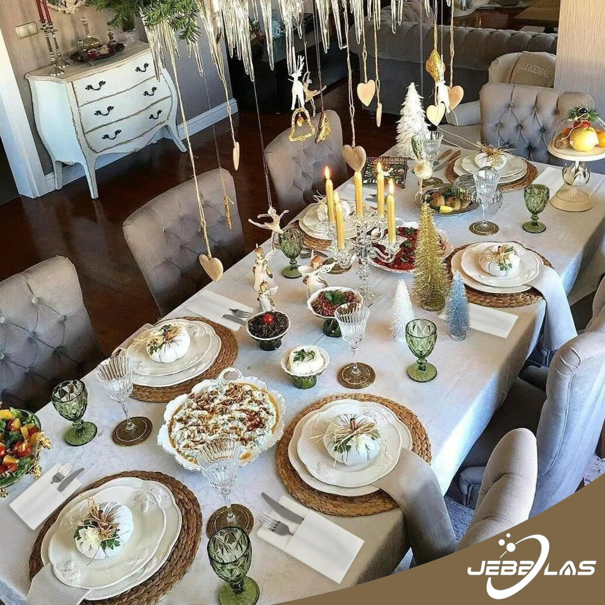 JEBBLAS Disposable Cloth Like Napkins, Built-in Flatware Pocket, Wedding Party Linen Feel White Napkin, Prefolded for Silverware,50 Count JEBBLAS