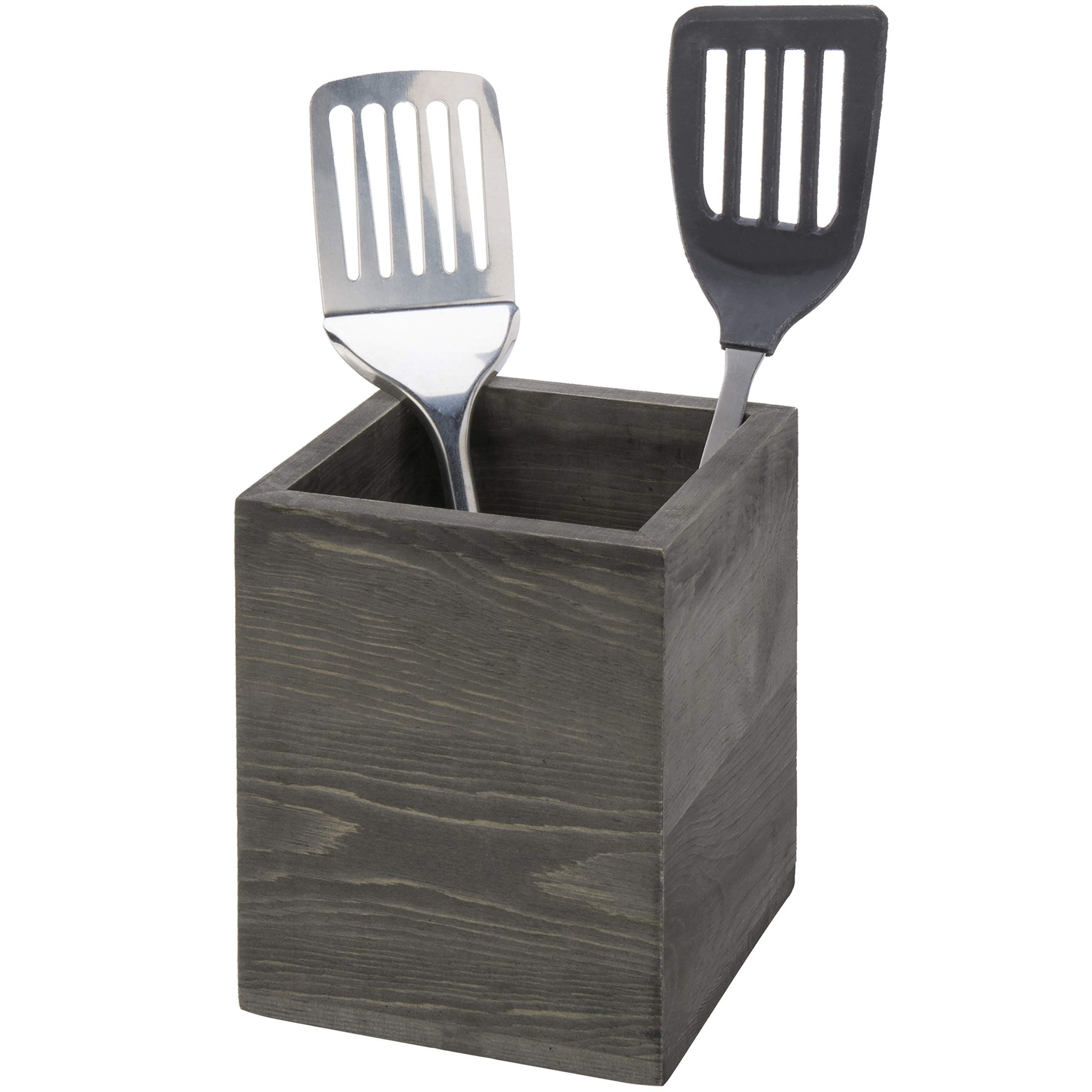 MyGift Vintage Gray Solid Wood Kitchen Countertop Utensil Holder, Cooking Utensil Crock and Flatware Storage Caddy - WoodArtSupply