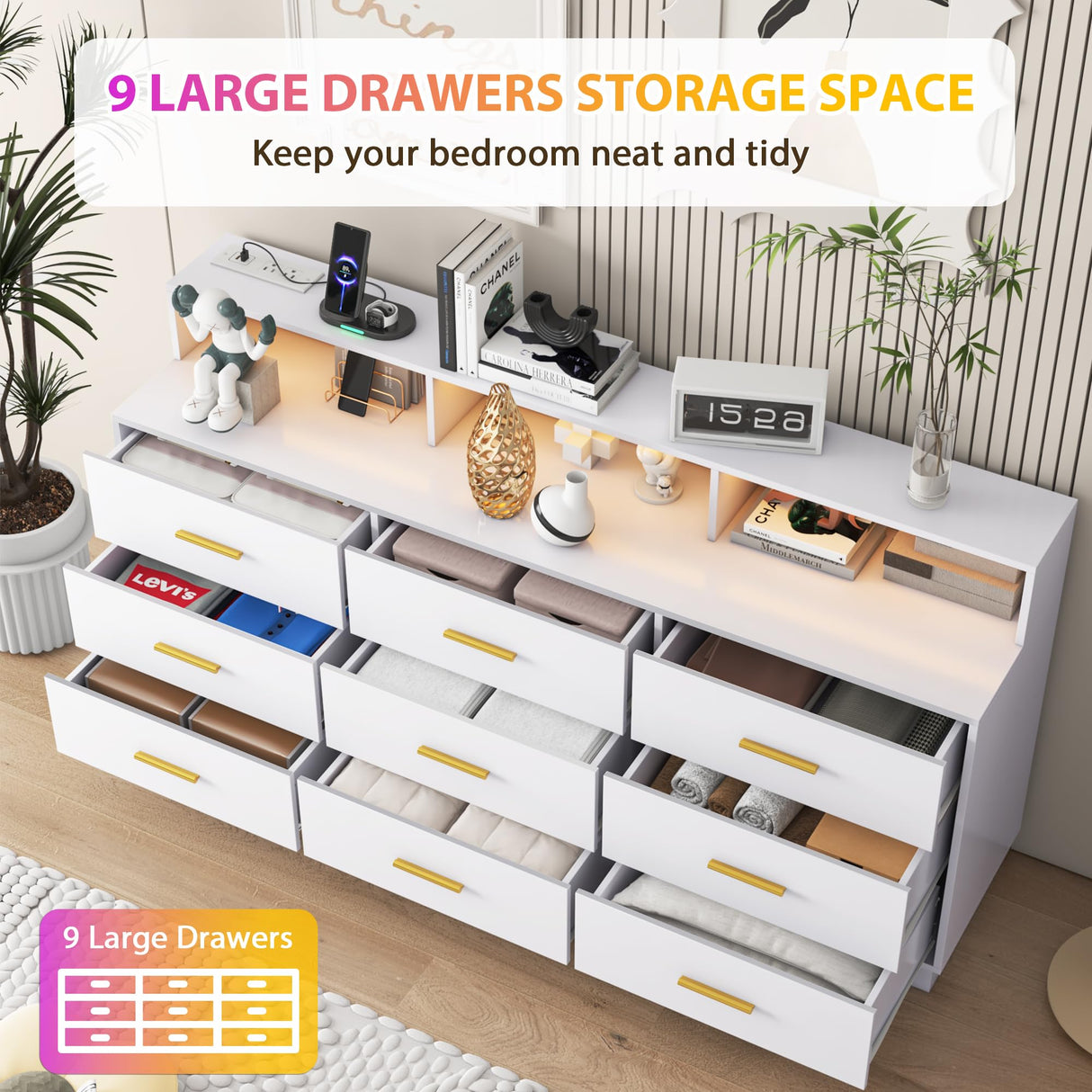 knoworld White 9 Drawer Dressers for Bedroom, Modern Large Dresser with LED Light and Power Outlet, Wooden Long Dresser, Triple Dresser for Bedroom, Living Room, Entryway, Hallway knoworld