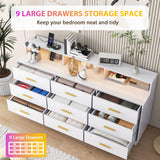 knoworld White 9 Drawer Dressers for Bedroom, Modern Large Dresser with LED Light and Power Outlet, Wooden Long Dresser, Triple Dresser for Bedroom, Living Room, Entryway, Hallway knoworld