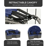 Outsunny 4 Piece Round Rattan Daybed, Convertible Patio Furniture Set, Adjustable Sun Canopy, Sectional Outdoor Sofa, 2 Chairs, Extending Tea Table Ottoman Chair, 3 Pillows, Dark Blue Outsunny