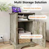 RoyalCraft Nightstand Set of 2, Grey End Table with Charging Station, Tall Farmhouse Bedside Table with Large Storage and Shelf, Wooden Side Table with for Bedroom, Home Office, Light Grey RoyalCraft