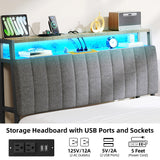 DWVO King Size Bed Frame with Charging Station, 2-Tier Storage Headboard with RGB LED Lights, Linen Upholstered Platform Bed Strong Wooden Slats, No Box Spring Needed Noise Free, Rustic Brown DWVO