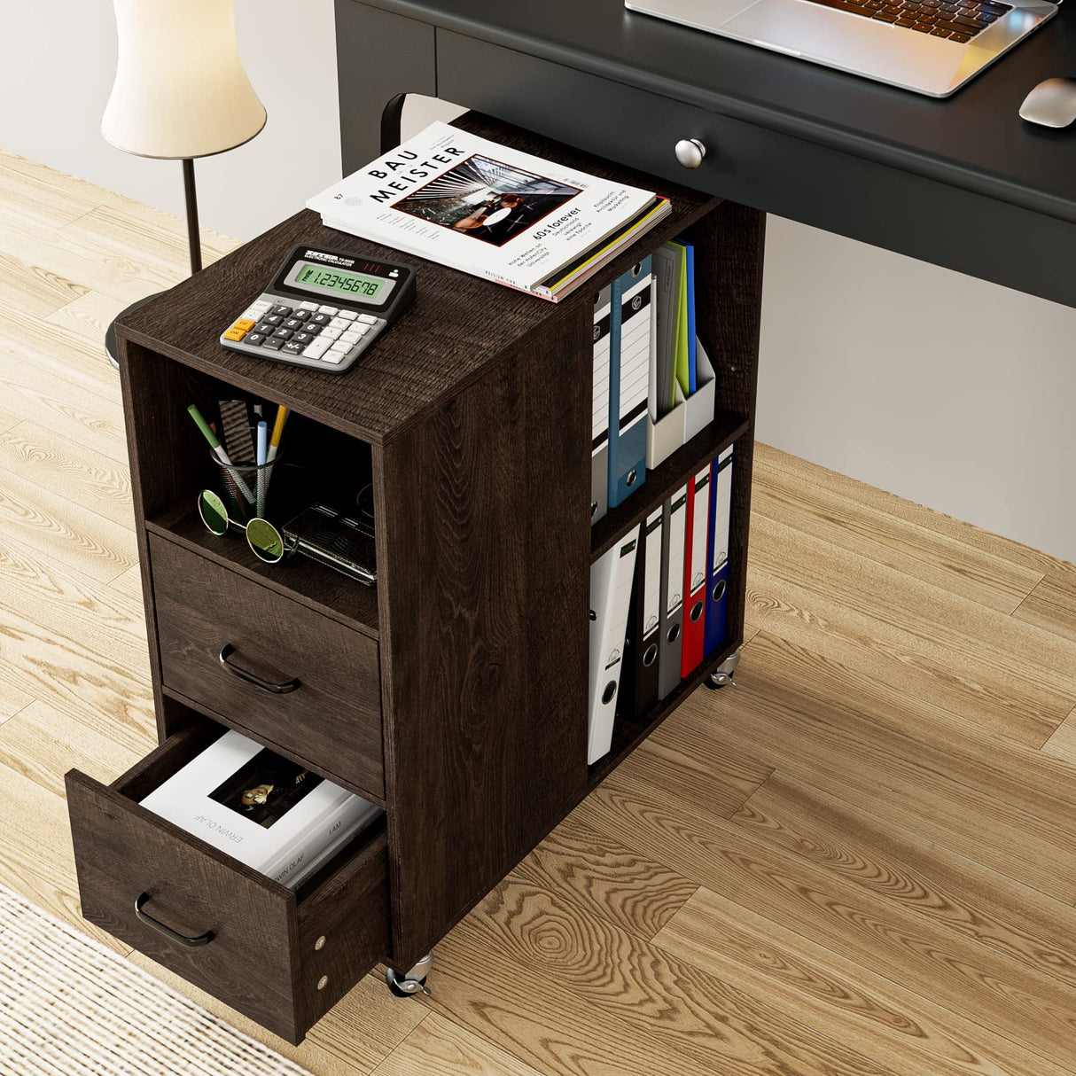 HOSTACK End Side Table, Narrow Nightstand with Storage Drawers and Adjustable Shelf, Rolling Bedside Table for Bedroom, Living Room, Home Office, Dark Brown HOSTACK