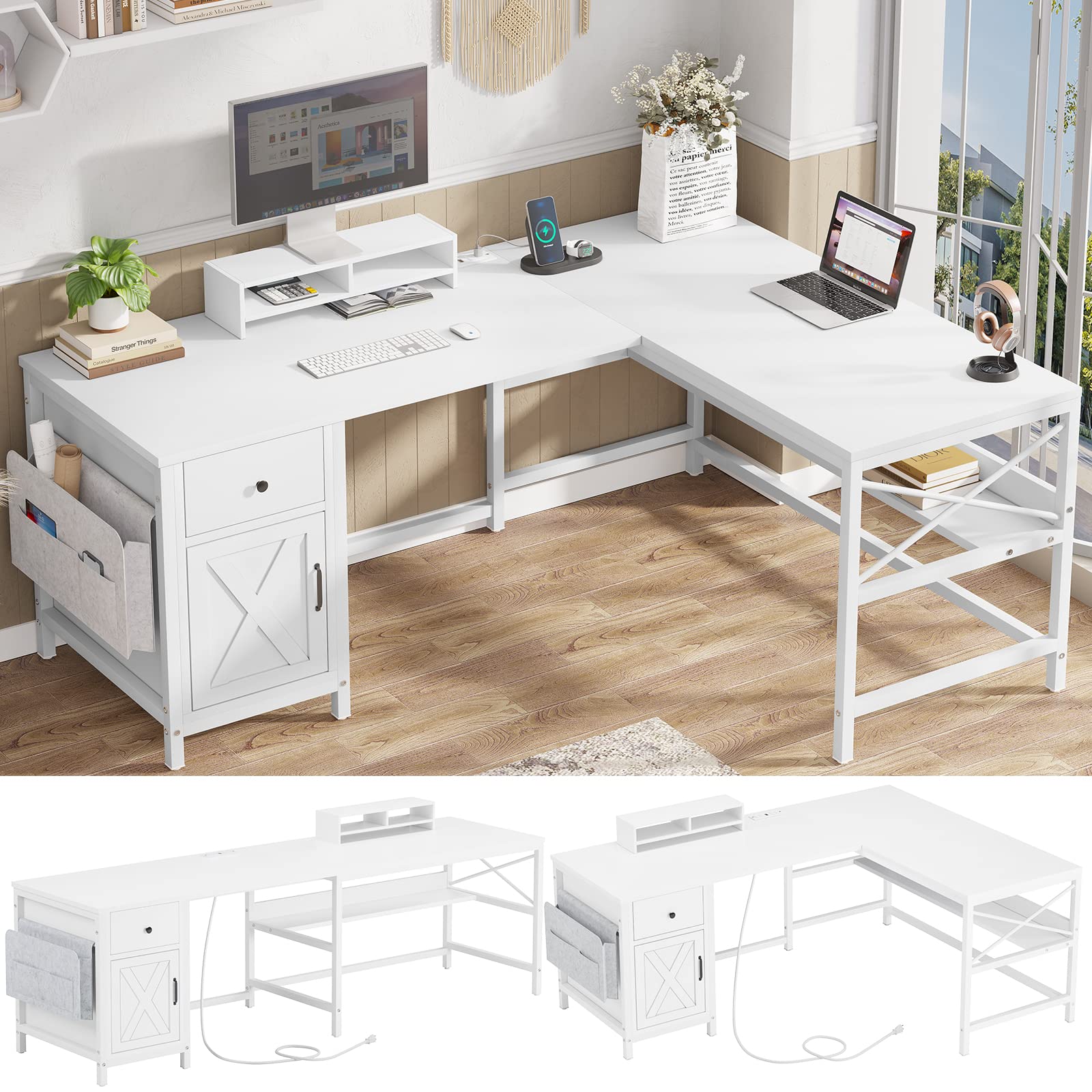 SEDETA 86.6" Convertible L Shaped Computer Desk with Drawer and Power Strip - White Home Office Solution - WoodArtSupply