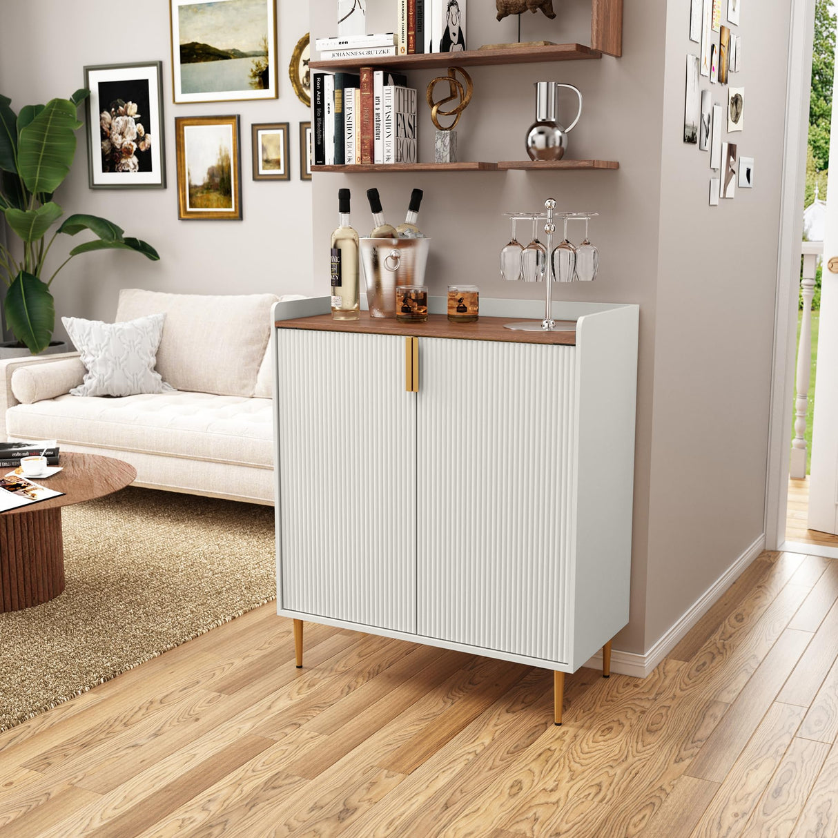 ARTPOWER Wine Bar Cabinet with Fluted Texture, Modern Coffee Cabinet with Wine Rack&Glass Holder, White Kitchen Buffet Sideboard, Freestanding Liquor Cabinet for Dining Room Living Room ARTPOWER