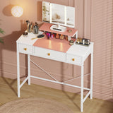 HIGDBFE Makeup Vanity Desk with Mirror and Lights, Small Vanity Table with Height-Adjustable Stand, 3 Fabric Drawers Vanity Desk for Girls Gifts, Bedroom and Small Spaces, 27.5'', White&Pink HIGDBFE