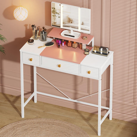 HIGDBFE Makeup Vanity Desk with Mirror and Lights, Small Vanity Table with Height-Adjustable Stand, 3 Fabric Drawers Vanity Desk for Girls Gifts, Bedroom and Small Spaces, 27.5'', White&Pink HIGDBFE