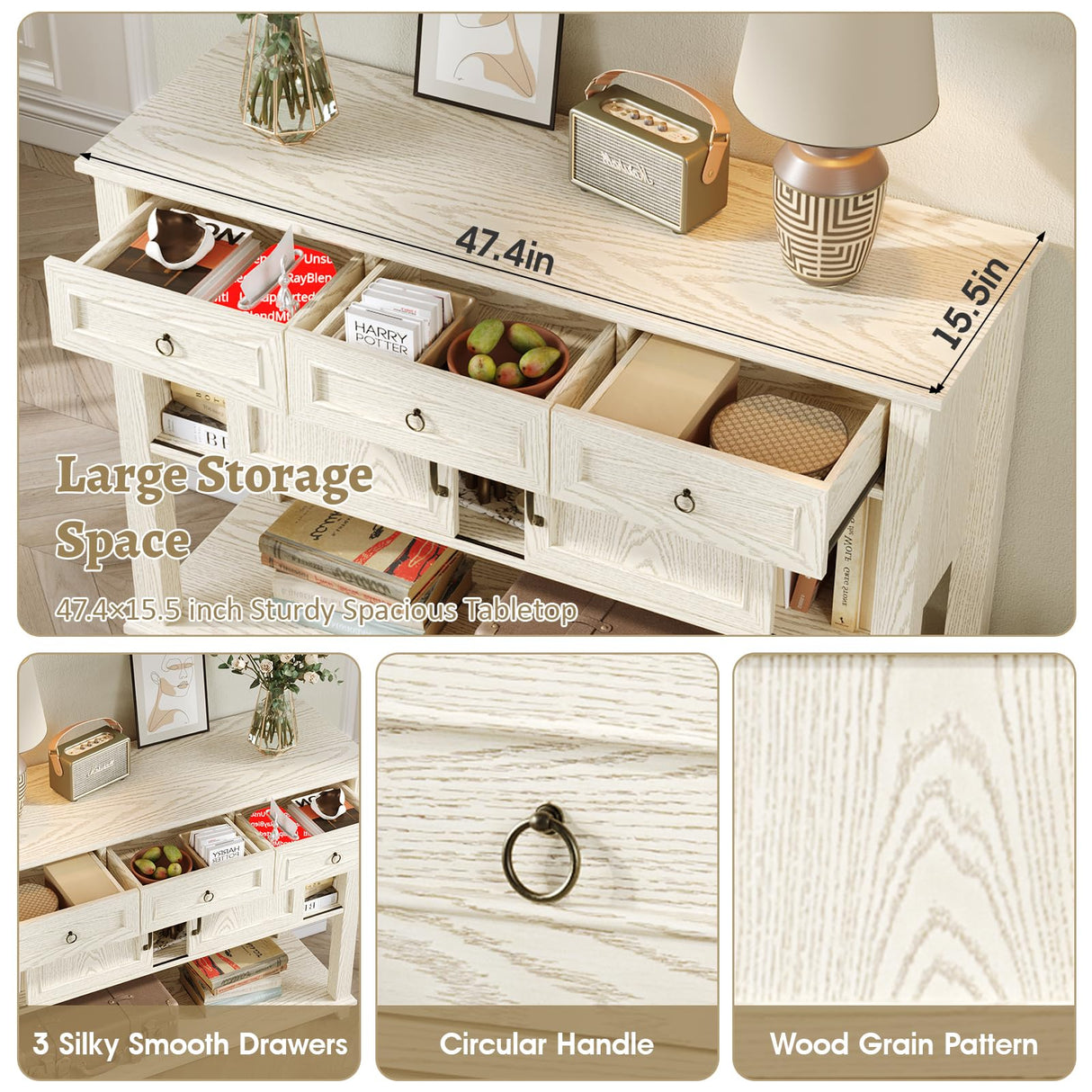 Vabches Entryway Table with 2 Sliding Barn Doors, 47" Farmhouse Console Table with Storage and 3 Drawers, Wood Rustic Sofa Table for for Living Room, Entryway, Hallway, White Grey Oak Vabches