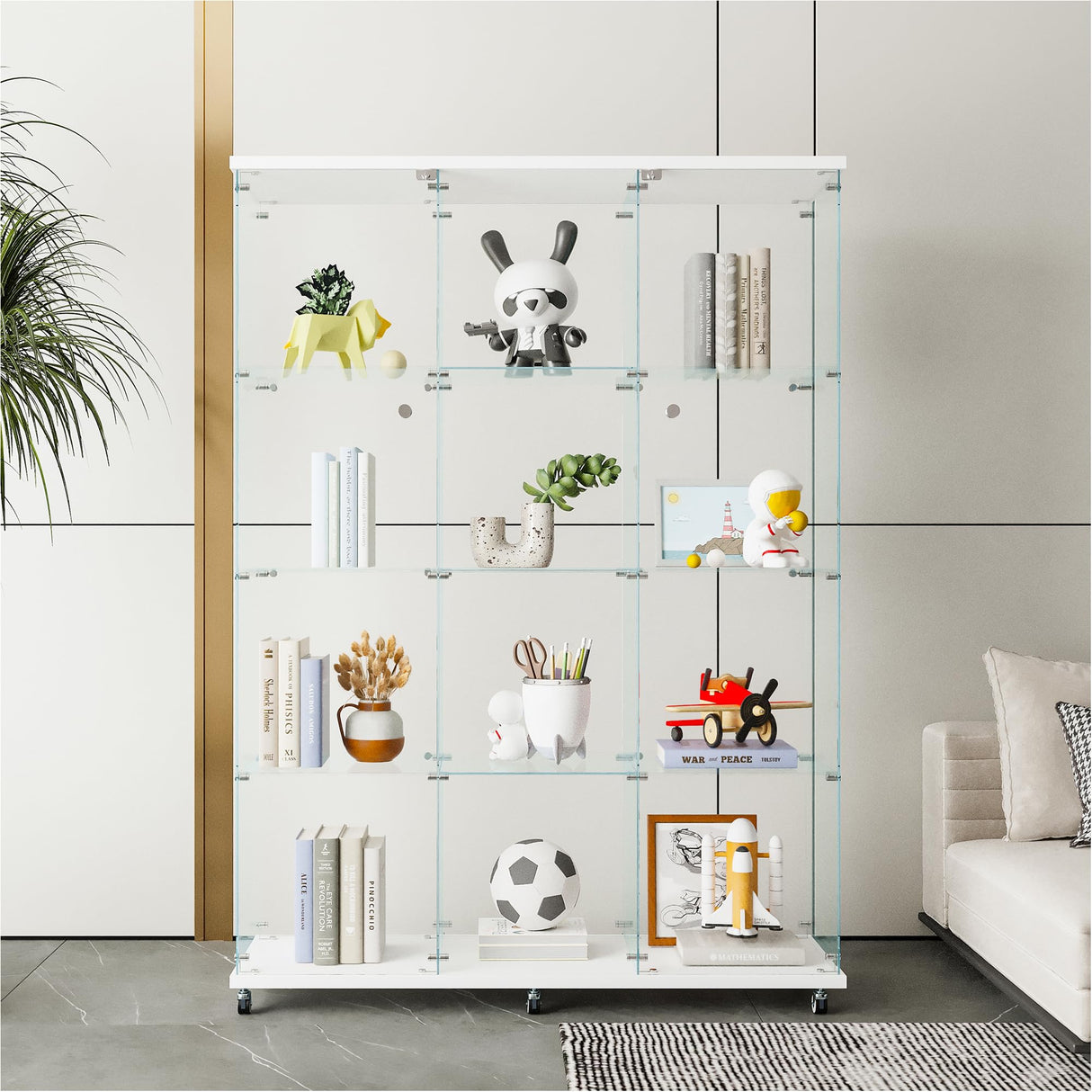 Glass Display Cabinet with Glass Doors, Tall 4-Tier Tempered Glass Floor Standing Curio Case with Lock for Collectibles, Toys, Books, Living Room, Quick Installation (4 Shelf 3 Column 2 Door, White) VFY