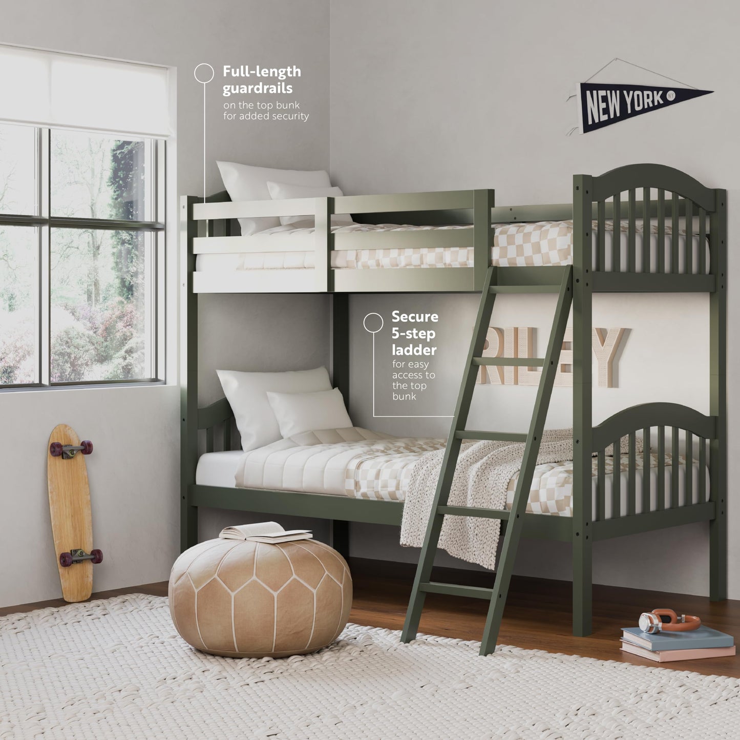 Storkcraft Long Horn Twin-Over-Twin Bunk Bed (Olive) - GREENGUARD Gold Certified, Converts to 2 Individual Twin Beds, Wood Slats, Bunk Bed Twin Over Twin for Kids, Ideal for Kids