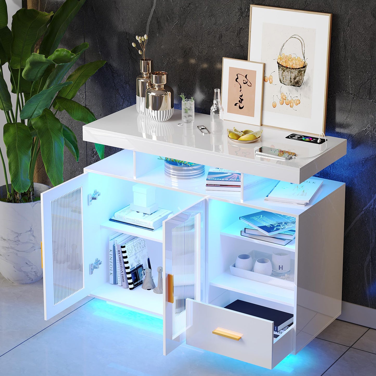 Modern White LED Sideboard Buffet Cabinet with Charging Station and Auto Sensor Lights