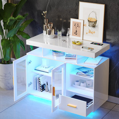 Modern White LED Sideboard Buffet Cabinet with Charging Station and Auto Sensor Lights